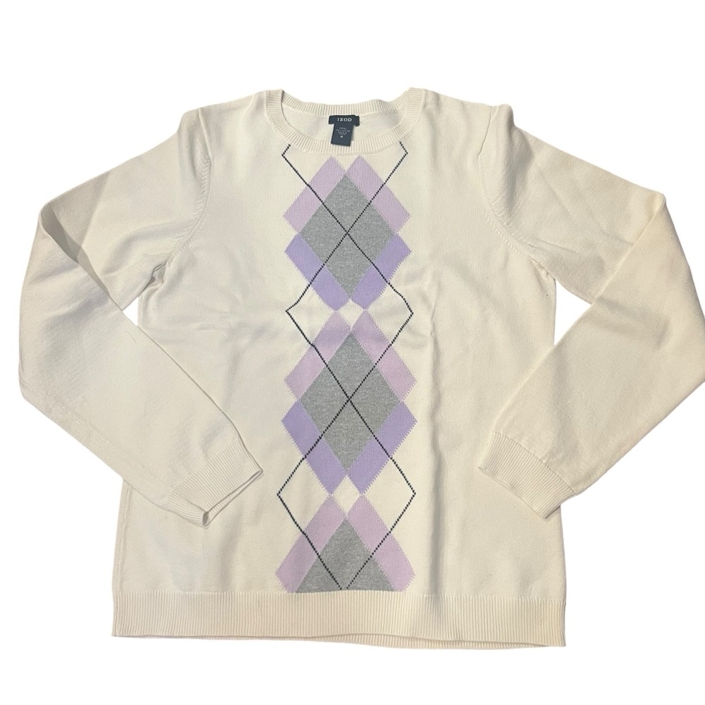 Izod‎ Womens Medium Cream Gray Purple Crew Neck Preppy Classic Modest Sweater